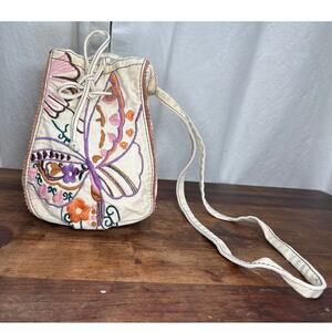 Vintage Lucky Brand Cotton Canvas Bucket Bag Crossbody Embroidered Butterfly